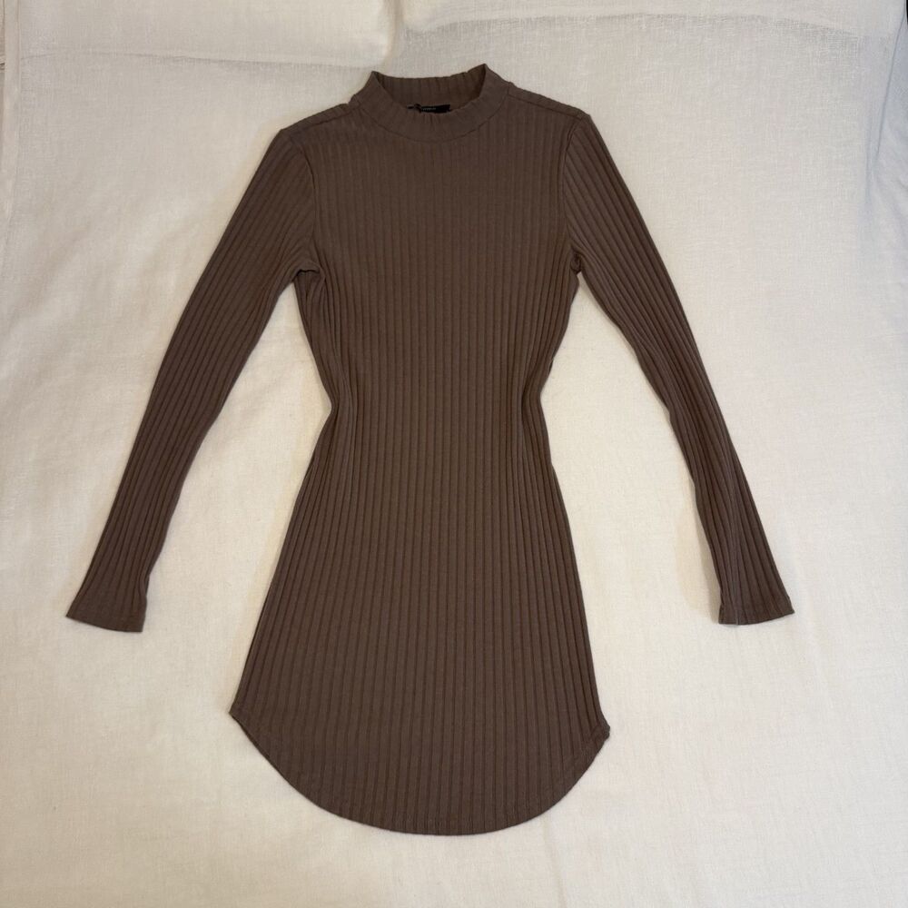 Forever 21 Brown Ribbed Mock Neck Bodycon Mini Dress Long Sleeve Fall Dress S